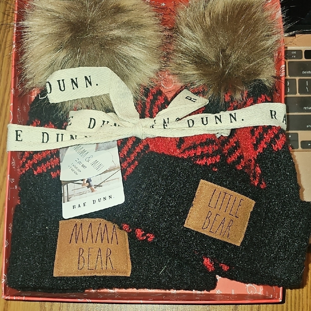 Rae Dunn NWT Mama Bear & Mini Bear Black and Red Beanie Set with Pom-Poms